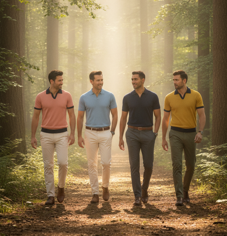 Four men walking through a sunlit forest path wearing Hubert's Haberdashery jacquard cotton polos in coral, sky blue, navy, and mustard yellow