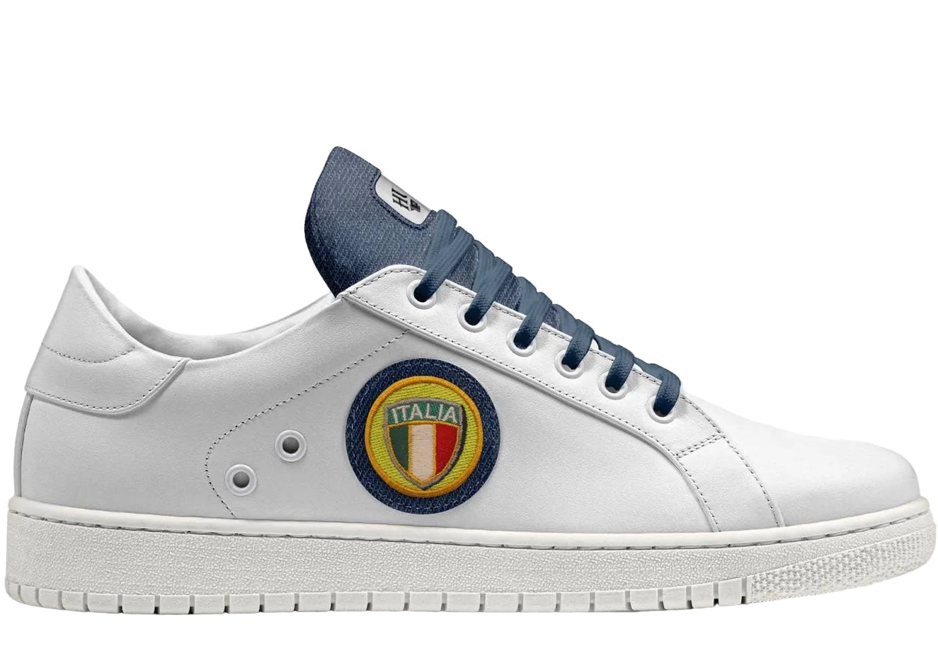 White Vegan Leather Lowtops with Blue Denim Tongue and Yellow Italia Embroidered Patch