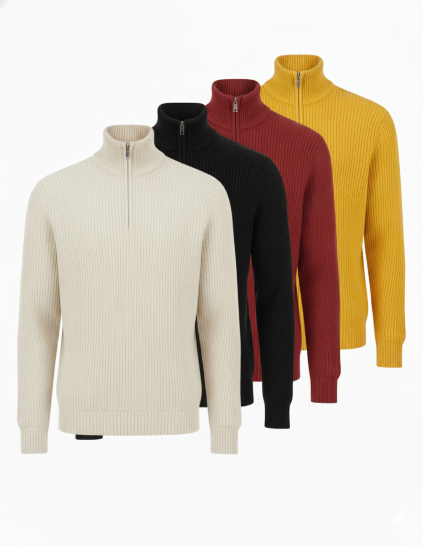 Lineup of four cable knit turtle neck sweaters in Gray, Forest Green, Cream and Navy with light gray background.