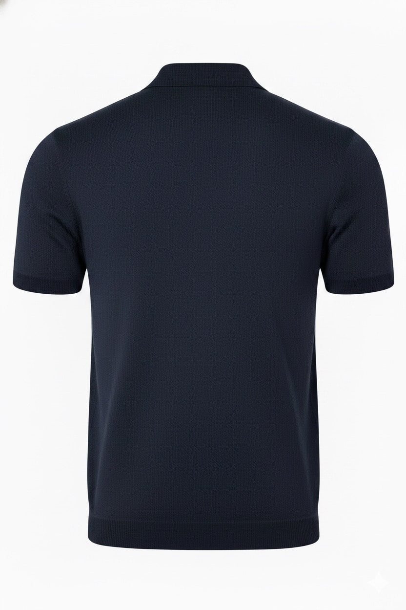 Navy pure BCI Cotton  polo shirt back view on a white background