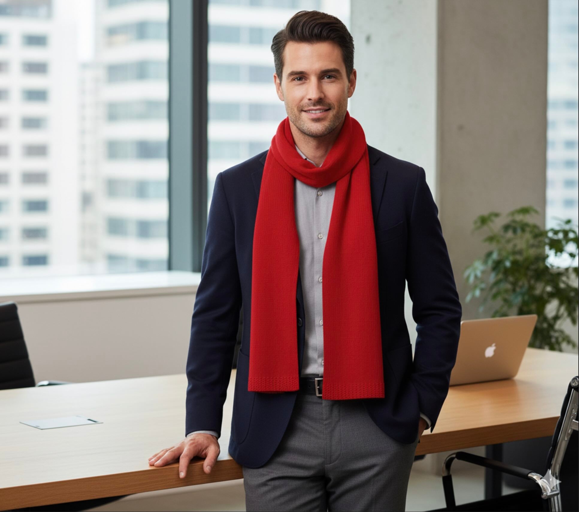 Man wearing a red Good Cashmere scarf and dark jacket in an office setting