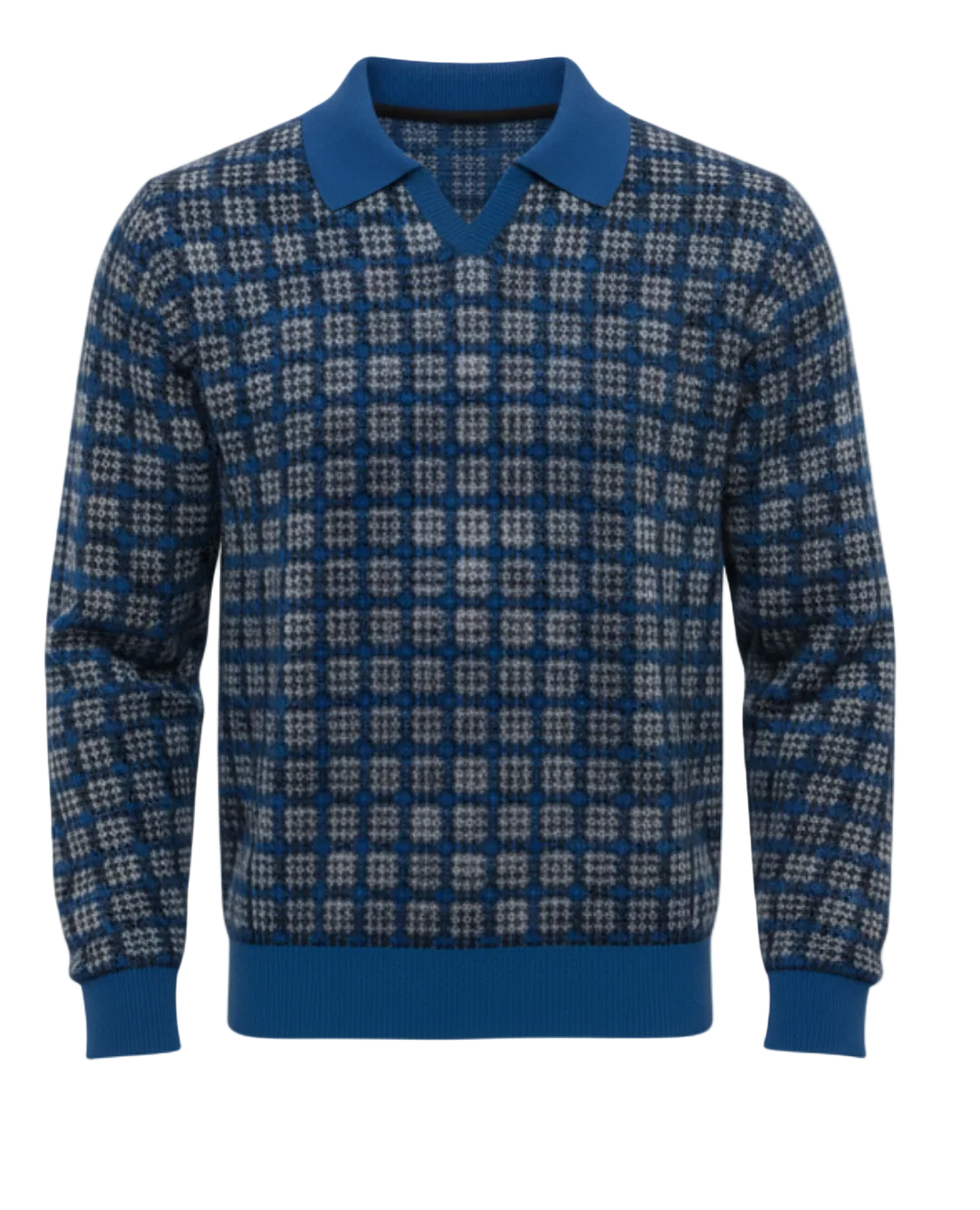 Jacquard Cotton Long Sleeve V-Neck Polo — Blue & Black Houndstooth