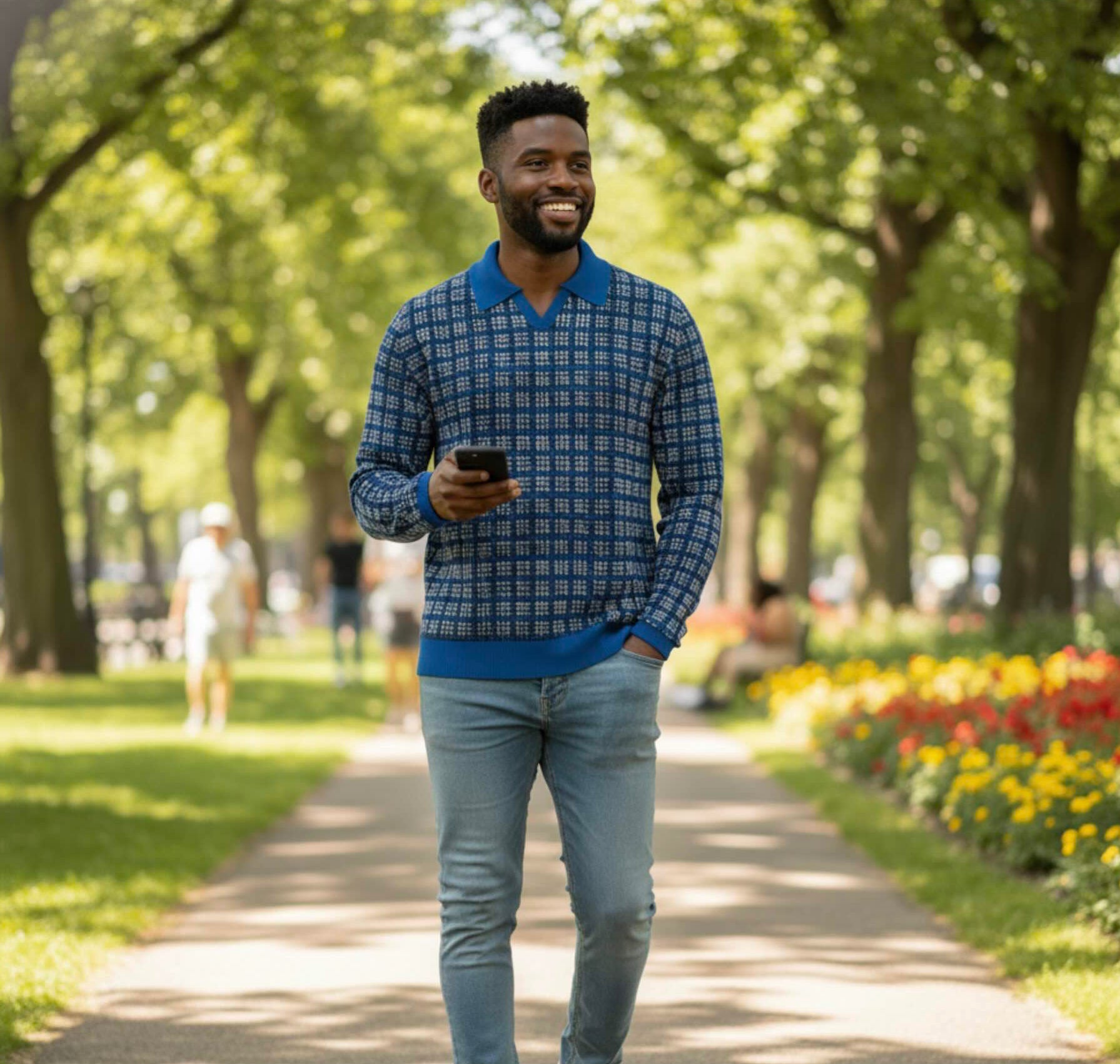 Jacquard Cotton Long Sleeve V-Neck Polo — Blue & Black Houndstooth