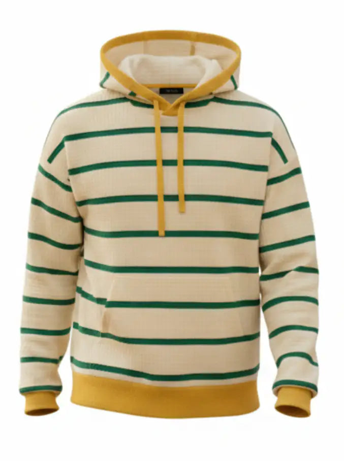 Beige, yellow and green striped hoodie with yellow accents on a white background