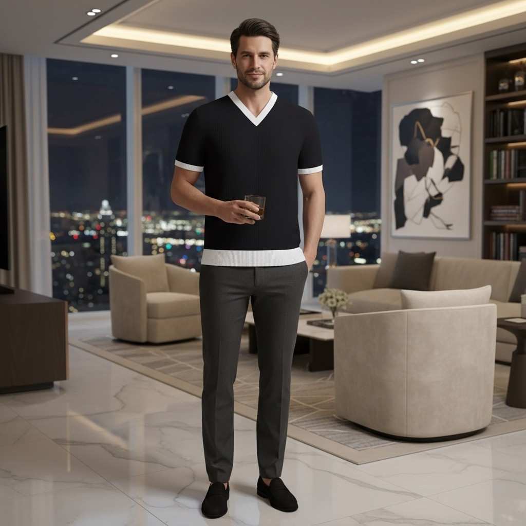 Black BCI Cotton short-sleeve Tee  with white trim on a Man standing in a modern living room with cityscape view