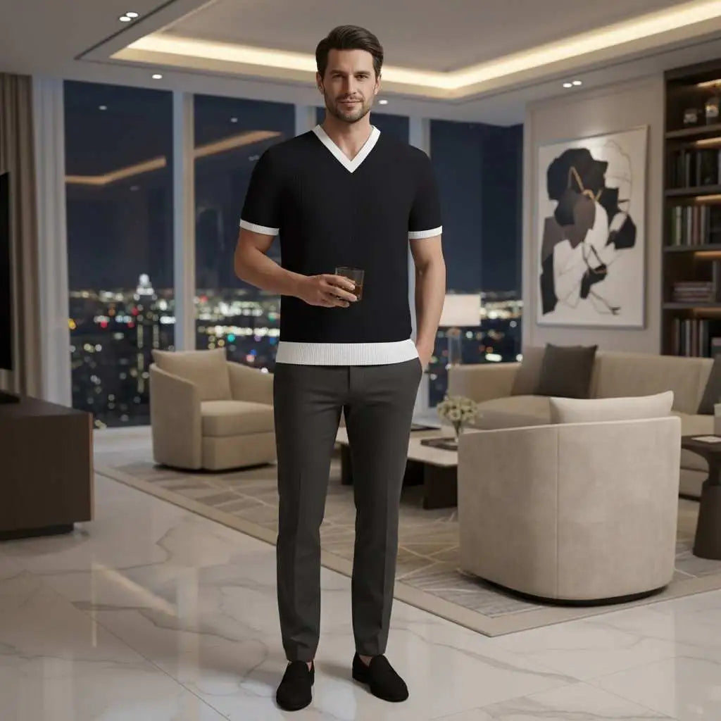 Black BCI Cotton short-sleeve Tee  with white trim on a Man standing in a modern living room with cityscape view