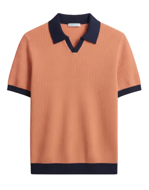 Jacquard Cotton Short Sleeve V-Neck Polo — Salmon
