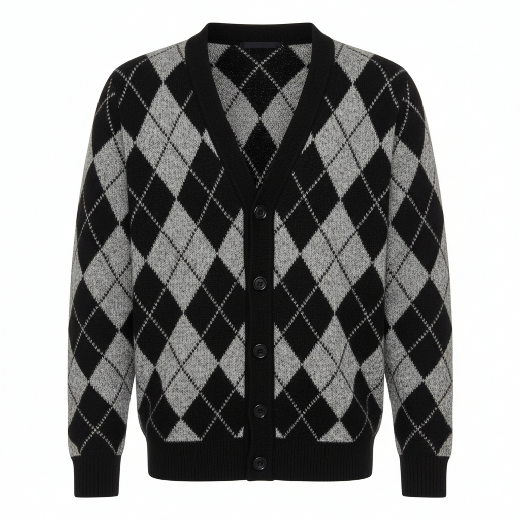 Black and gray extra fine Merino Wool argyle patterned cardigan on a white background