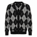 Black and gray extra fine Merino Wool argyle patterned cardigan on a white background