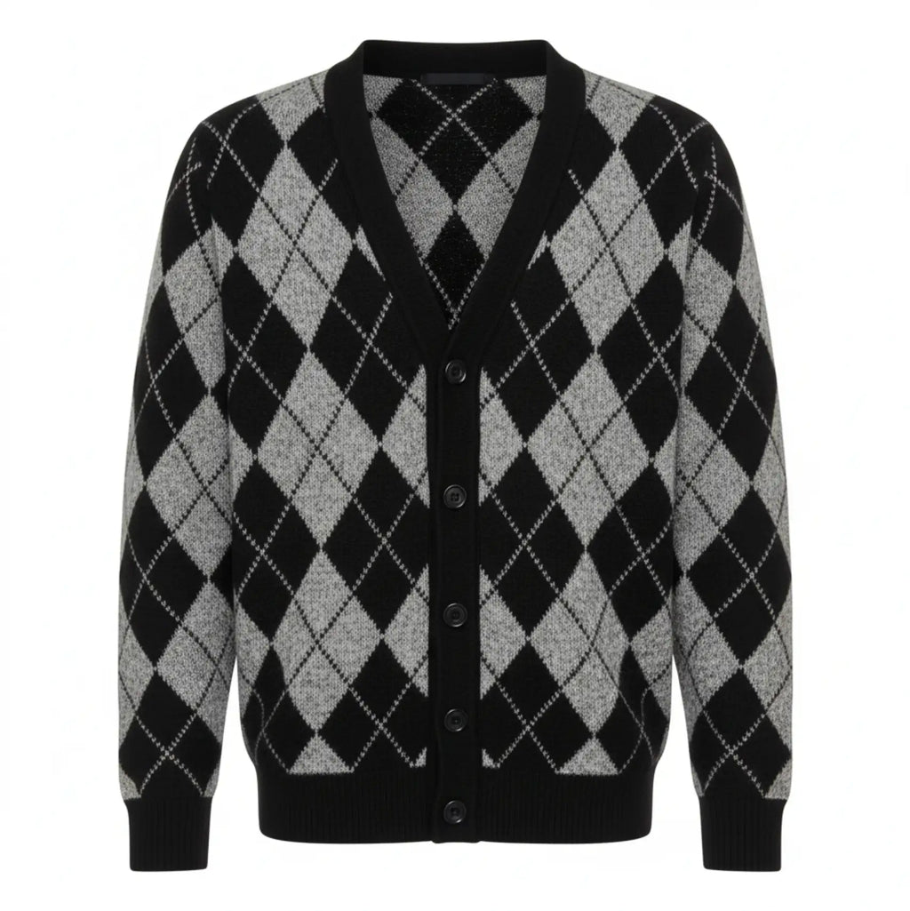 Black and gray extra fine Merino Wool argyle patterned cardigan on a white background