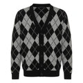 Black and gray extra fine Merino Wool argyle patterned cardigan on a white background