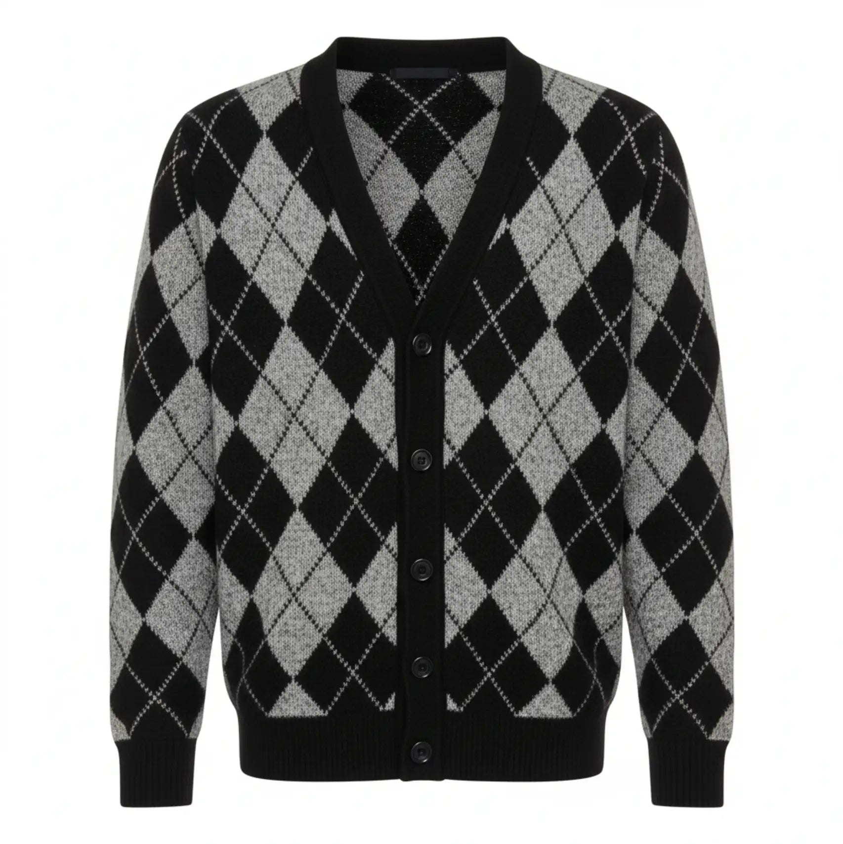 Black and gray extra fine Merino Wool argyle patterned cardigan on a white background