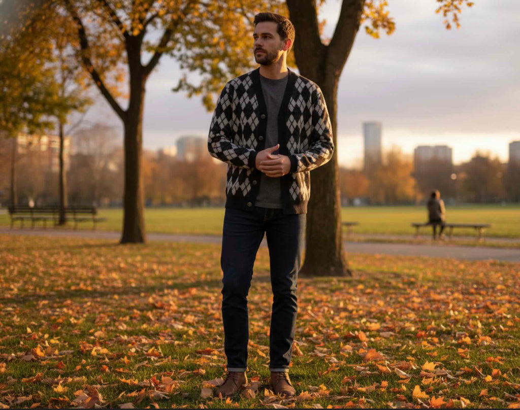 Man wearing black and gray extra fine Merino Wool argyle Cardigan sweater in the park