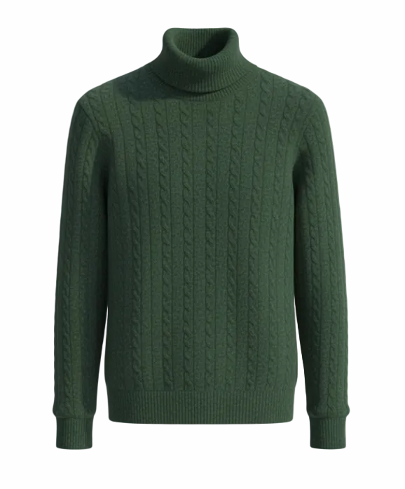 Extrafine Merino Wool Cable Knit Turtleneck — Mid Forest Green