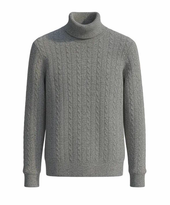 Extrafine Merino Wool Cable Knit Turtleneck — Mid Gray Melange
