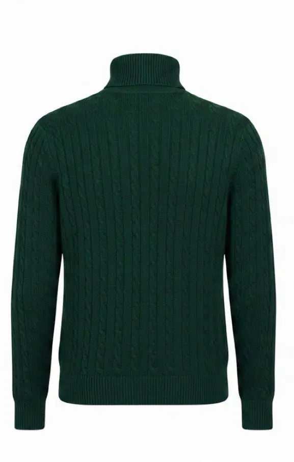 Green cable knit sweater on a white background