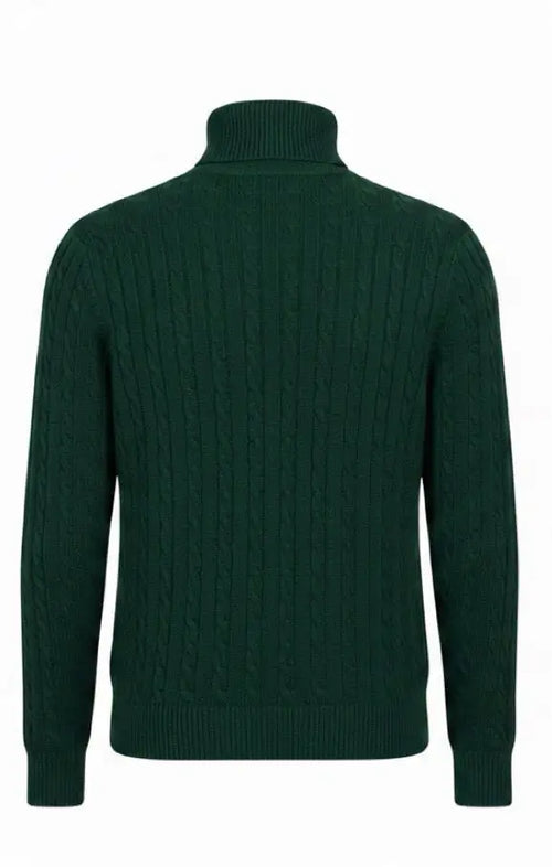 Green cable knit sweater on a white background