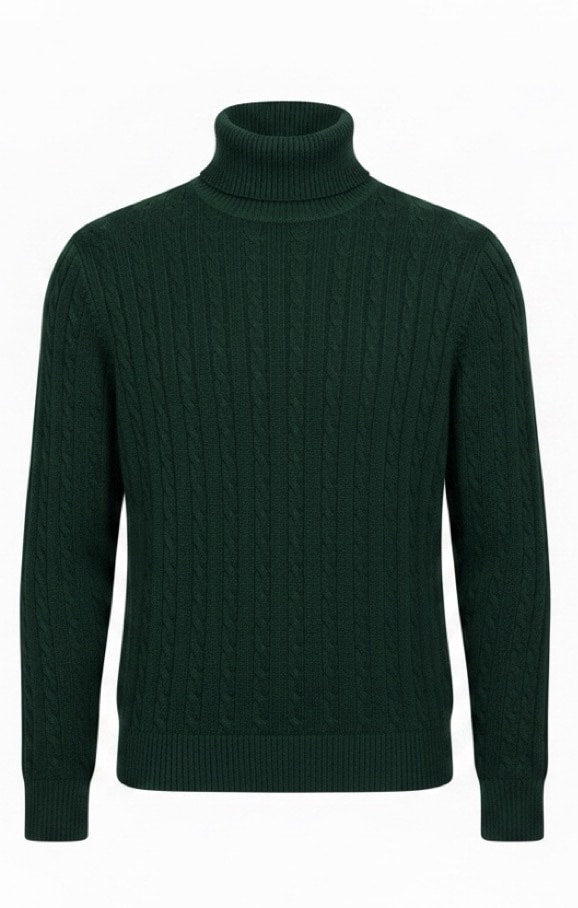 Extrafine Merino Wool Cable Knit Turtleneck - Mid Forest Green