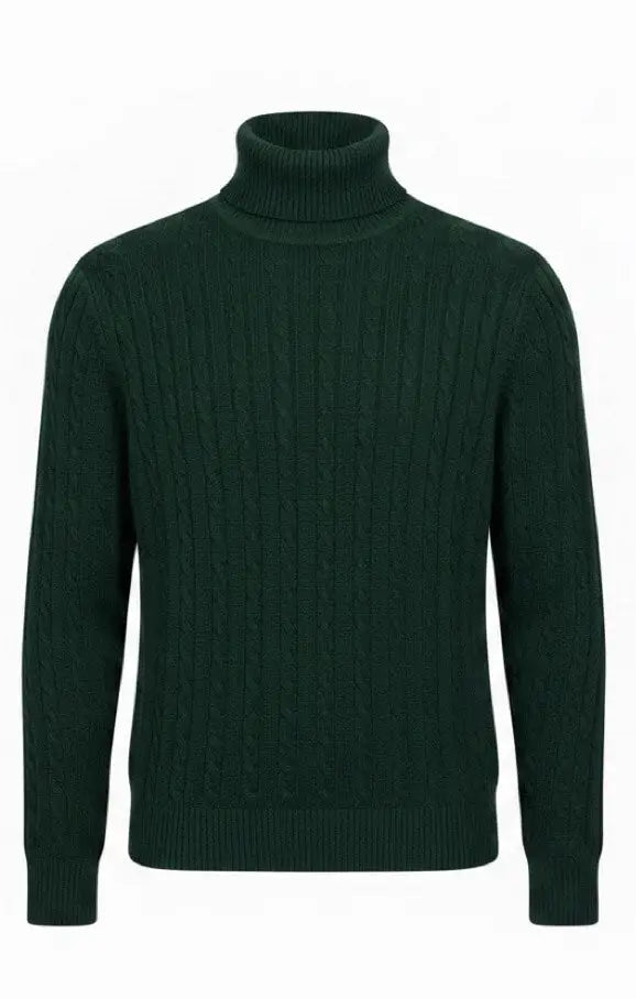 Dark green cable knit turtleneck sweater on a white background