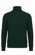 Dark green cable knit turtleneck sweater on a white background