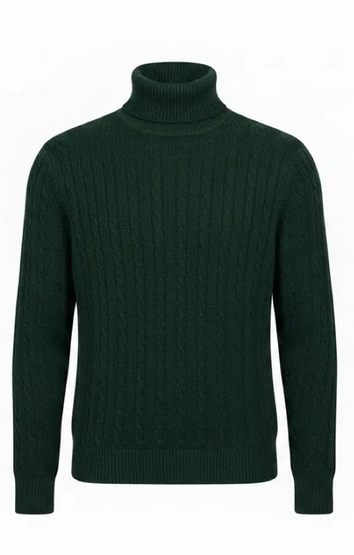 Dark green cable knit turtleneck sweater on a white background