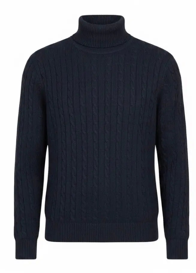 Navy blue cable knit turtleneck sweater on a white background