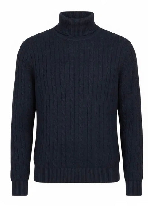 Navy blue cable knit turtleneck sweater on a white background