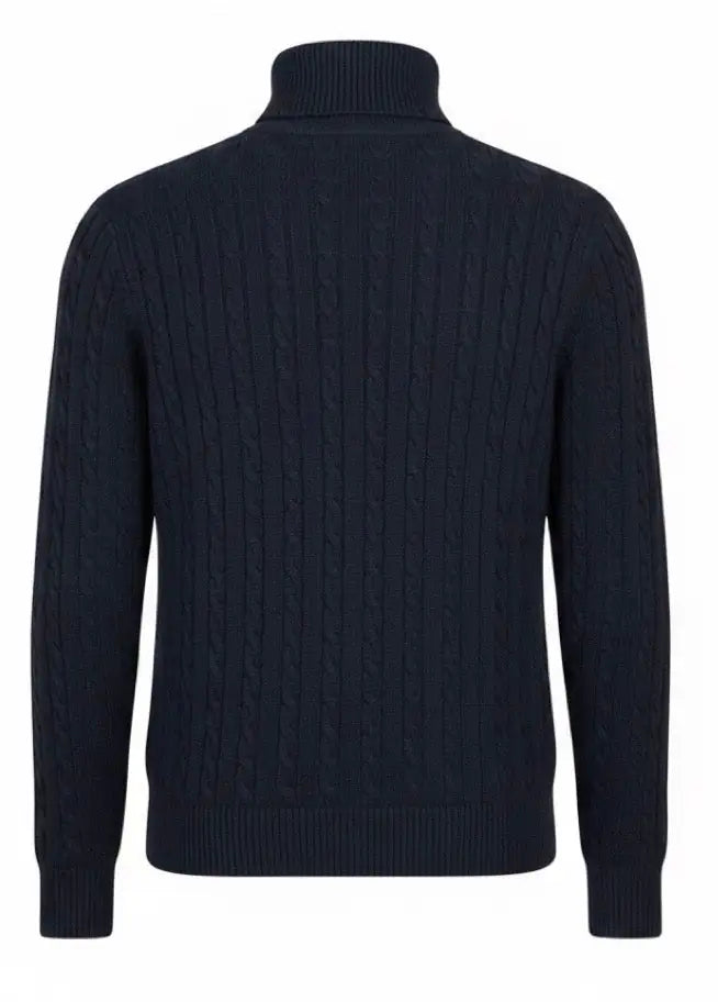 Dark blue cable knit sweater on a white background