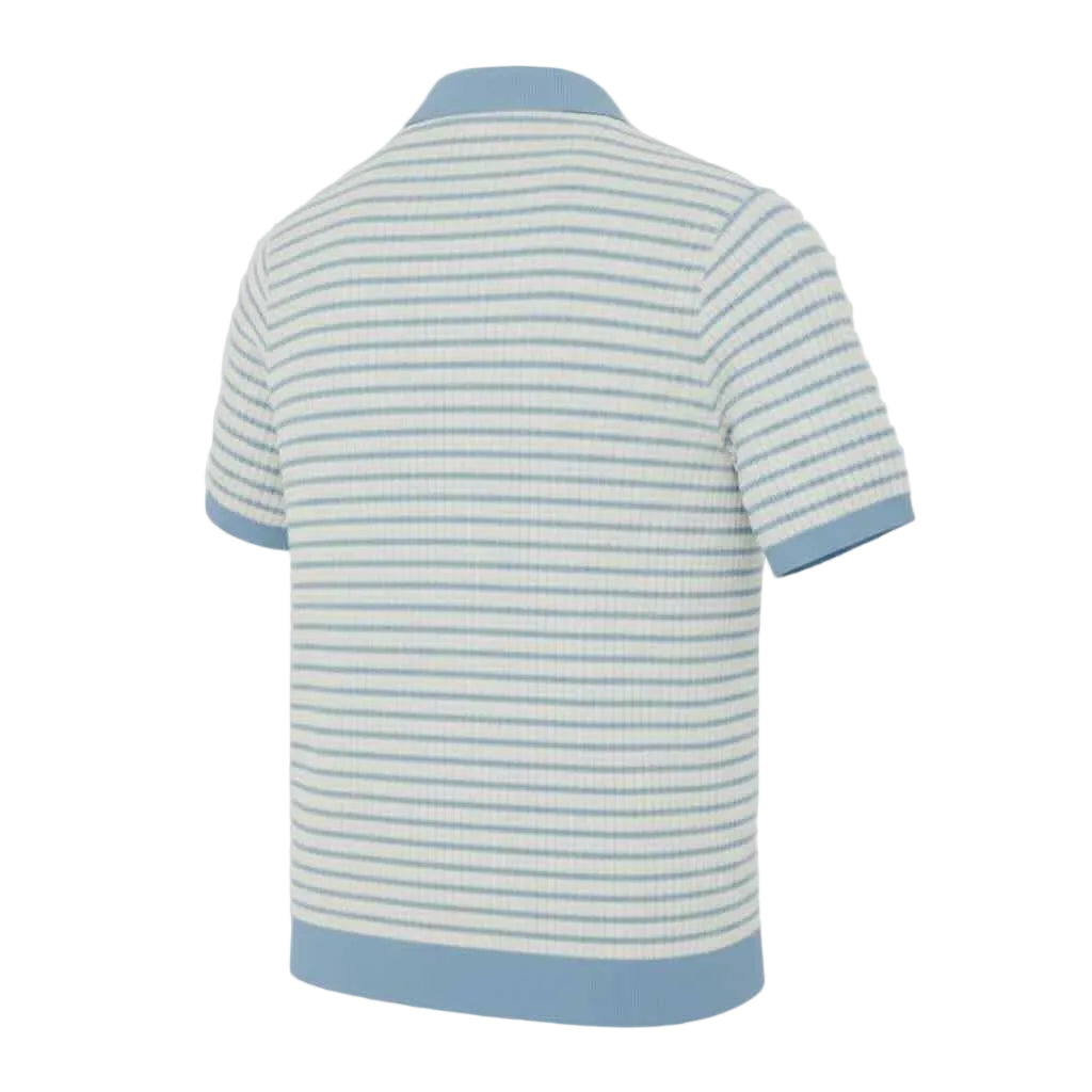 Light blue and white striped pure BCI Cotton polo shirt on a light gray background
