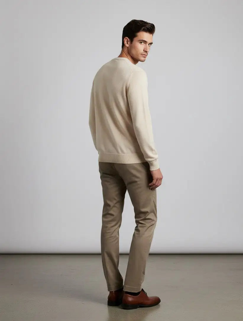 Man wearing a beige extrafine Merino Wool sweater and brown pants against a plain background
