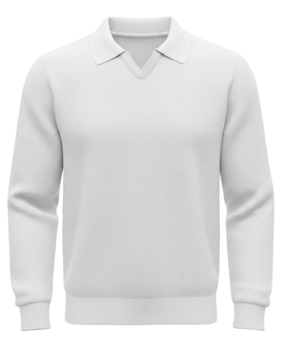 Jacquard Cotton V-Neck Polo Pullover — White