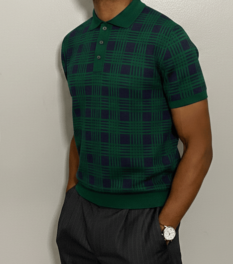 Jacquard Cotton Short Sleeve Polo - Green & Navy Plaid