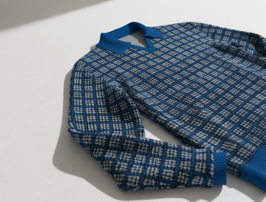 Jacquard Cotton Long Sleeve V-Neck Polo - Blue & Black Houndstooth