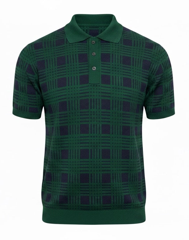Jacquard Cotton Short Sleeve Polo - Green & Navy Plaid
