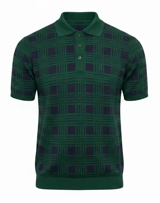 Green and navy plaid pure BCI Cotton polo shirt on a white background