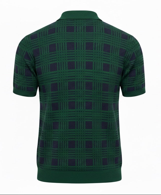 Jacquard Cotton Short Sleeve Polo - Green & Navy Plaid