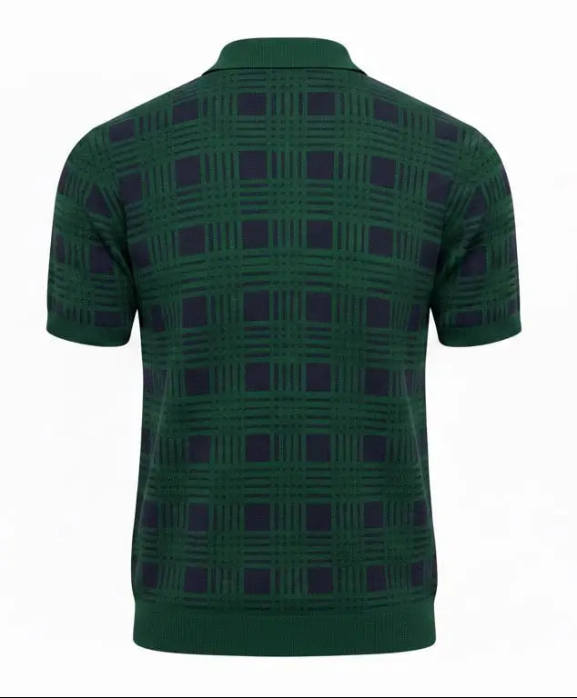 Green and navy plaid pure BCI Cotton polo back view on a white background