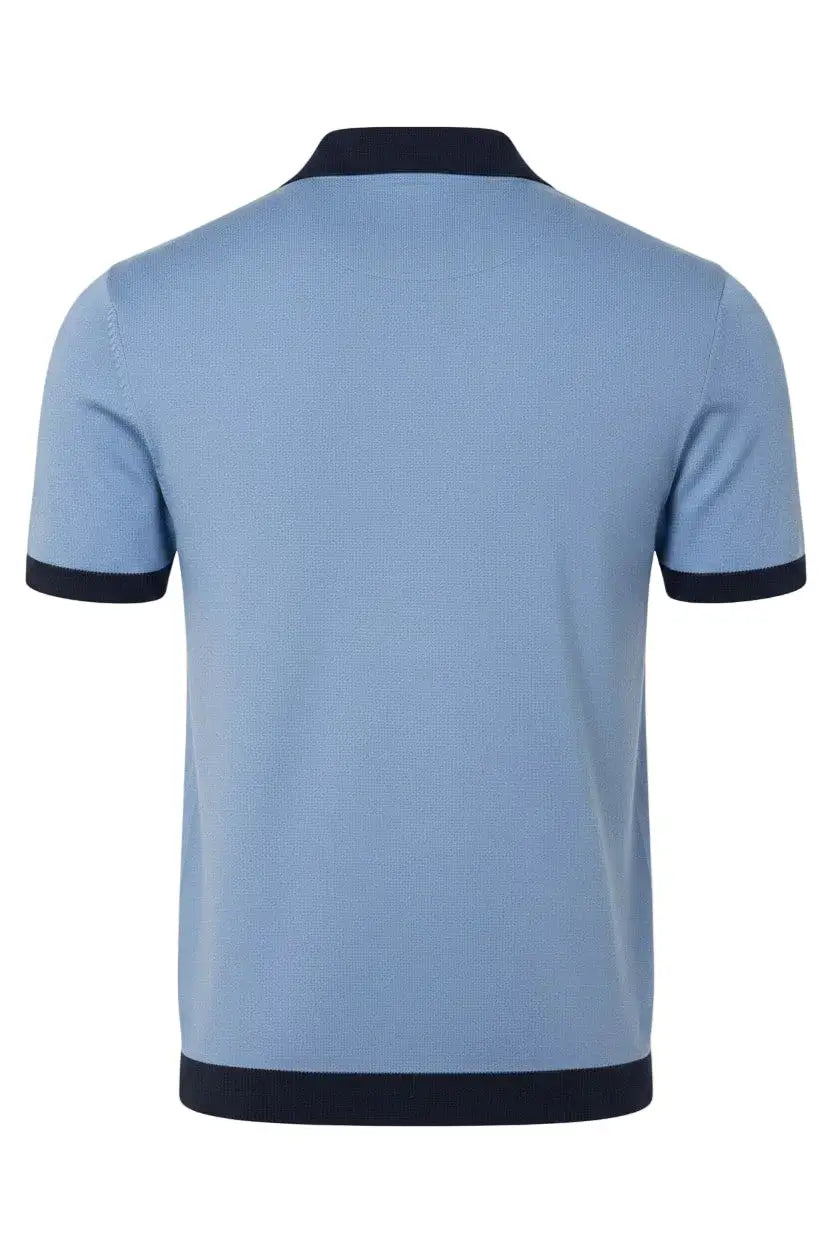 Light blue polo shirt with dark blue accents on a white background