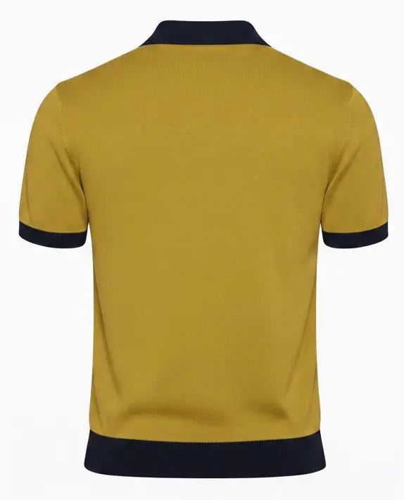 Yellow polo shirt with black trim on a white background