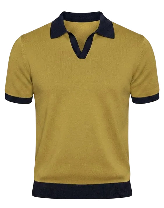 Yellow polo shirt with black collar and trim on a white background