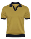 Yellow polo shirt with black collar and trim on a white background