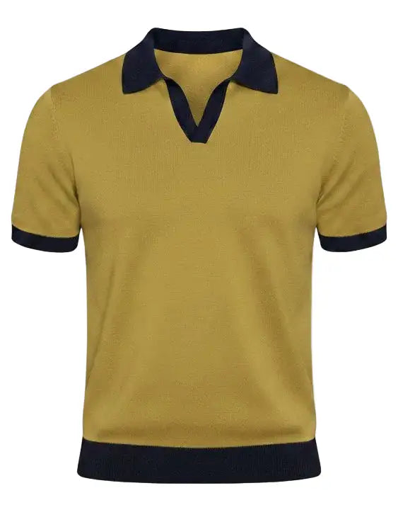 Yellow polo shirt with black collar and trim on a white background