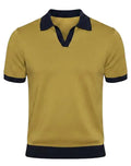 Yellow polo shirt with black collar and trim on a white background