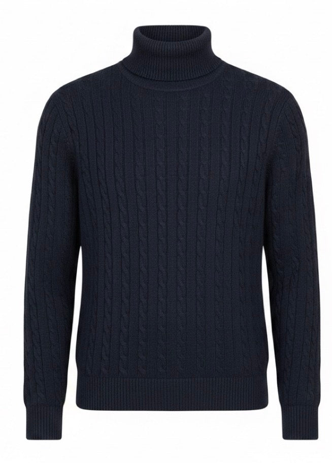Extrafine Merino Wool Cable Knit Turtleneck - Navy