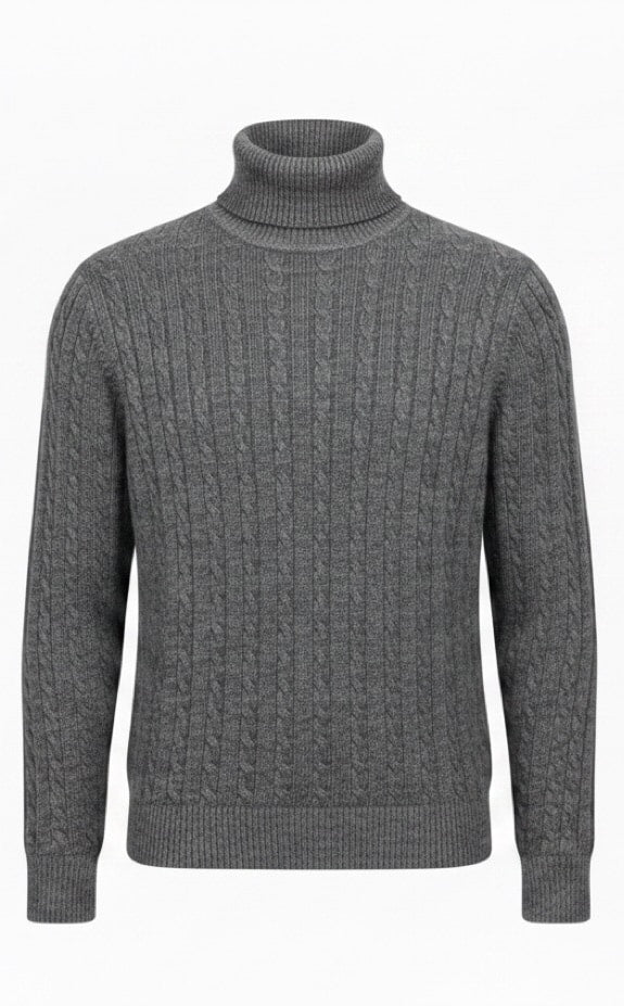 Extrafine Merino Wool Cable Knit Turtleneck - Mid Gray Melange