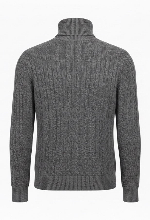 Extrafine Merino Wool Cable Knit Turtleneck - Mid Gray Melange