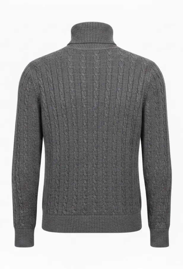 Gray cable knit sweater on a white background