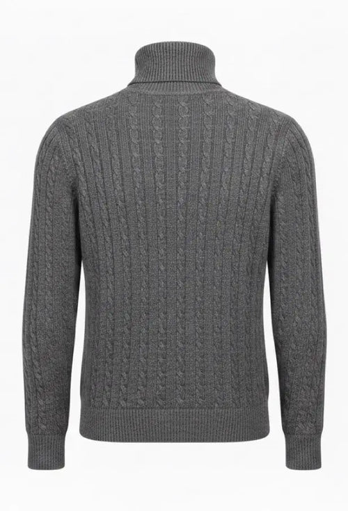Gray cable knit sweater on a white background