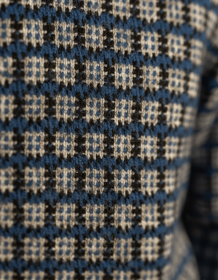 Jacquard Cotton Long Sleeve V-Neck Polo - Blue & Black Houndstooth