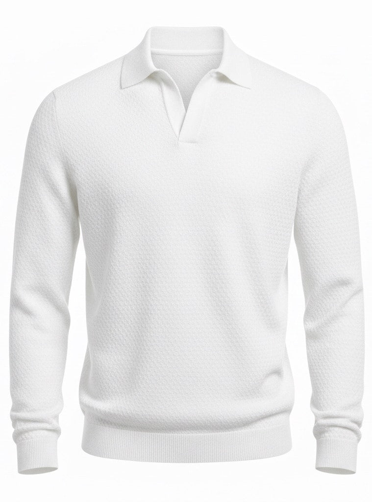 Jacquard Cotton V-Neck Polo Pullover - White